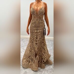 Clarisse Gold Lace Prom Dress
